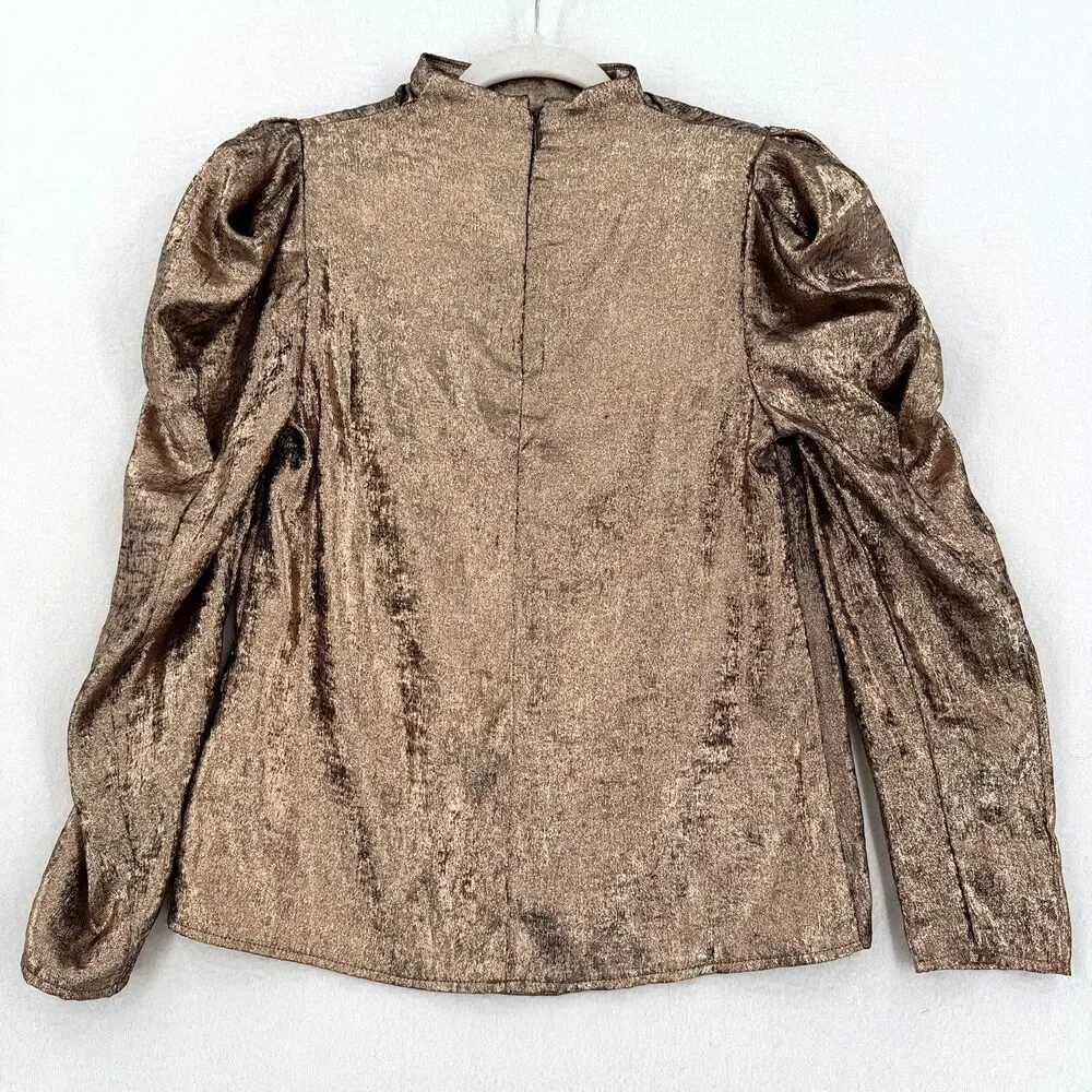Future Collective Kahlana Barfield Brown Top XXS Bronze Metallic Puff Sleeve